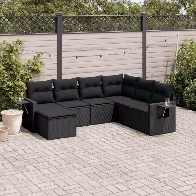 vidaXL Set Divani da Giardino a L con Cuscini 7pz in Polyrattan Nero