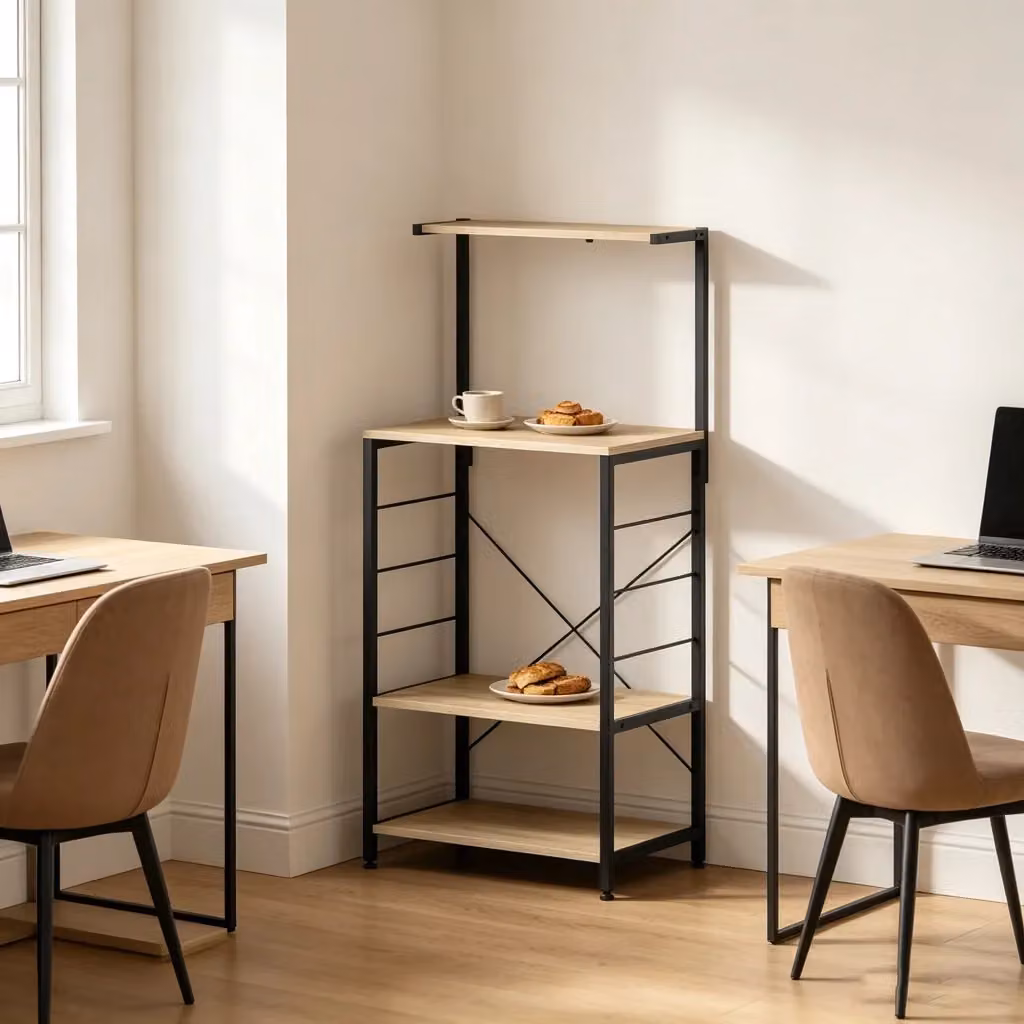 Scaffale da cucina e soggiorno WISHDOR con 4 ripiani in legno e metallo, nero e beige, L 60 cm x P 40 cm x H 123 cm – 2