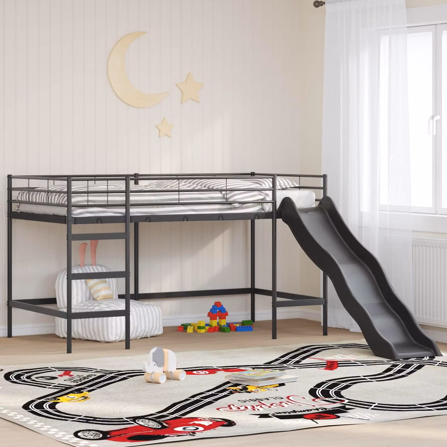 Letto loft singolo per bambini vidaXL in metallo con scala, Nero e antracite, L 80 x P 200 cm