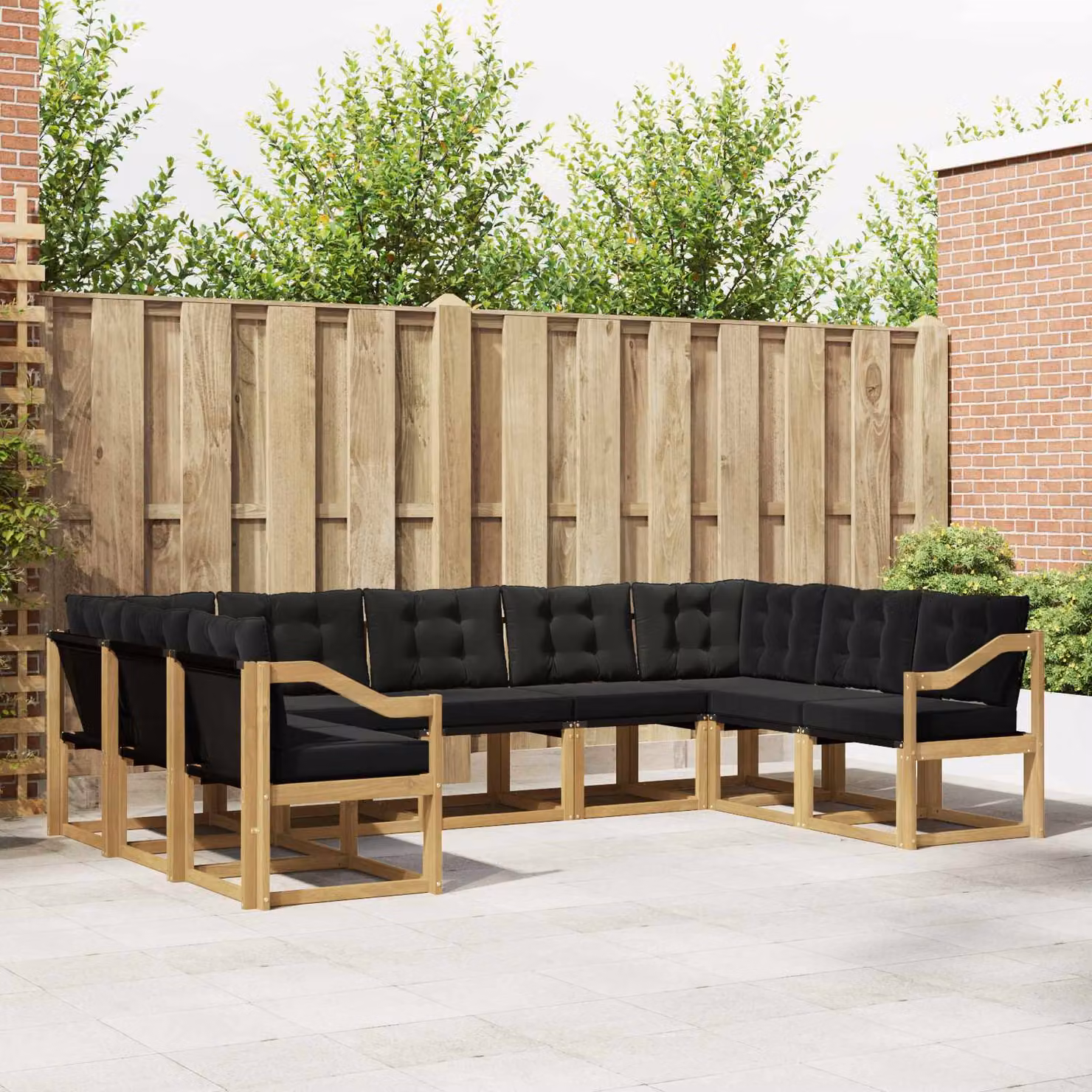 Set di divani da esterno vidaXL a forma di U composto da 9 pezzi in legno di acacia con cuscini bianchi e neri