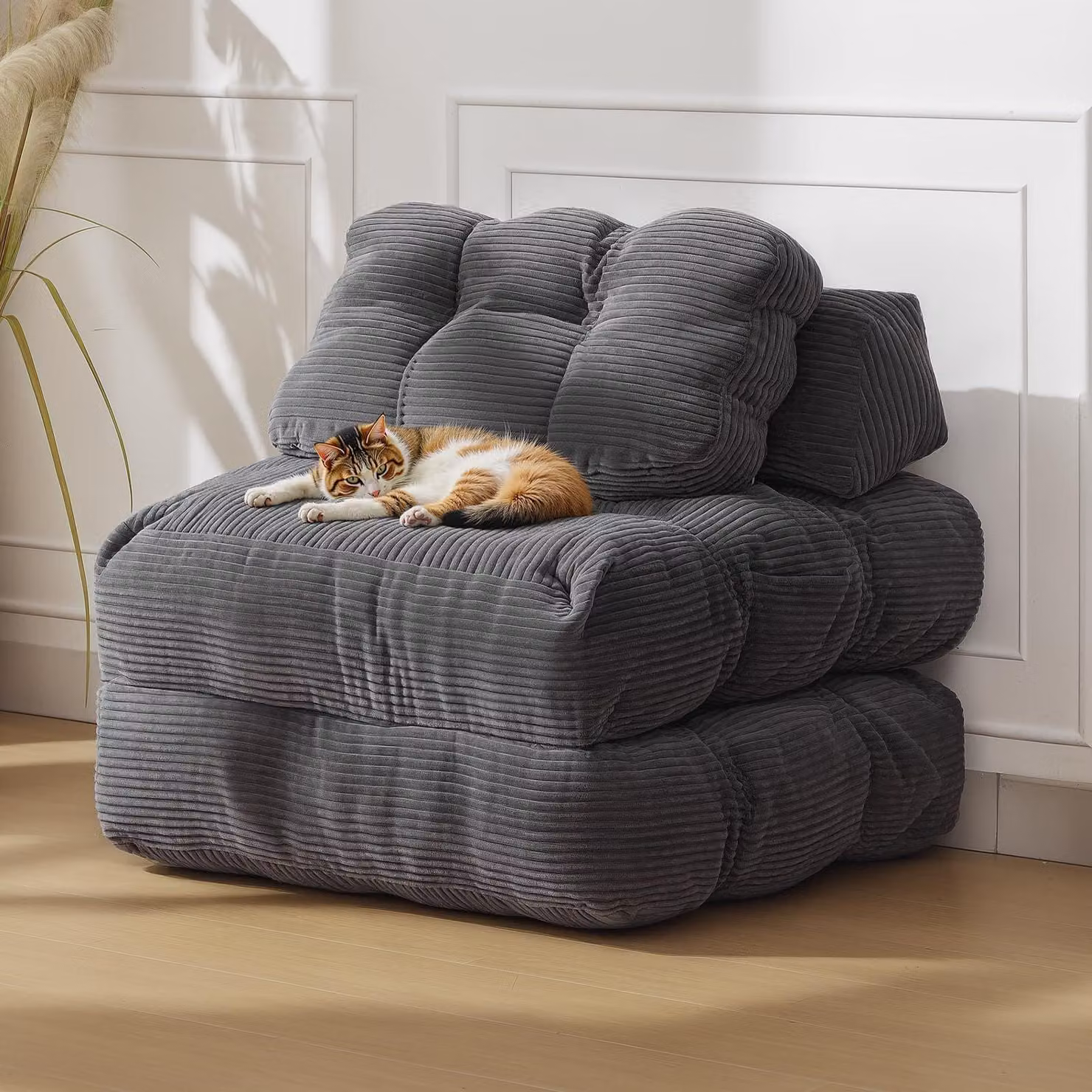 Divano letto singolo, confortevole, con rivestimento in tessuto e imbottitura morbida, ideale per il soggiorno