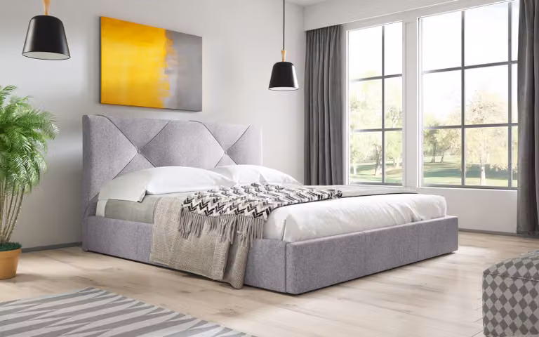 Letto imbottito Sofello, rete a doghe in legno, 140 cm, grigio, tessuto moderno intrecciato con vano contenitore, rete a doghe in legno con funzione di sollevamento, design trapuntato