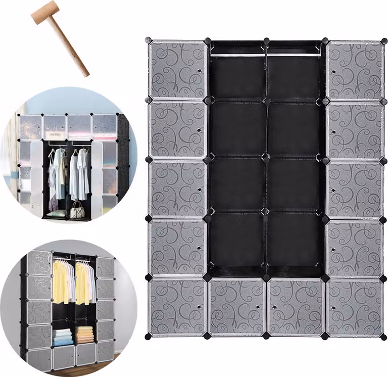 Jopassy 20 cubi armadio sistema di scaffalatura fai da te armadi in plastica con porta 180*142*37cm 2 appendiabiti - nero, con stampa