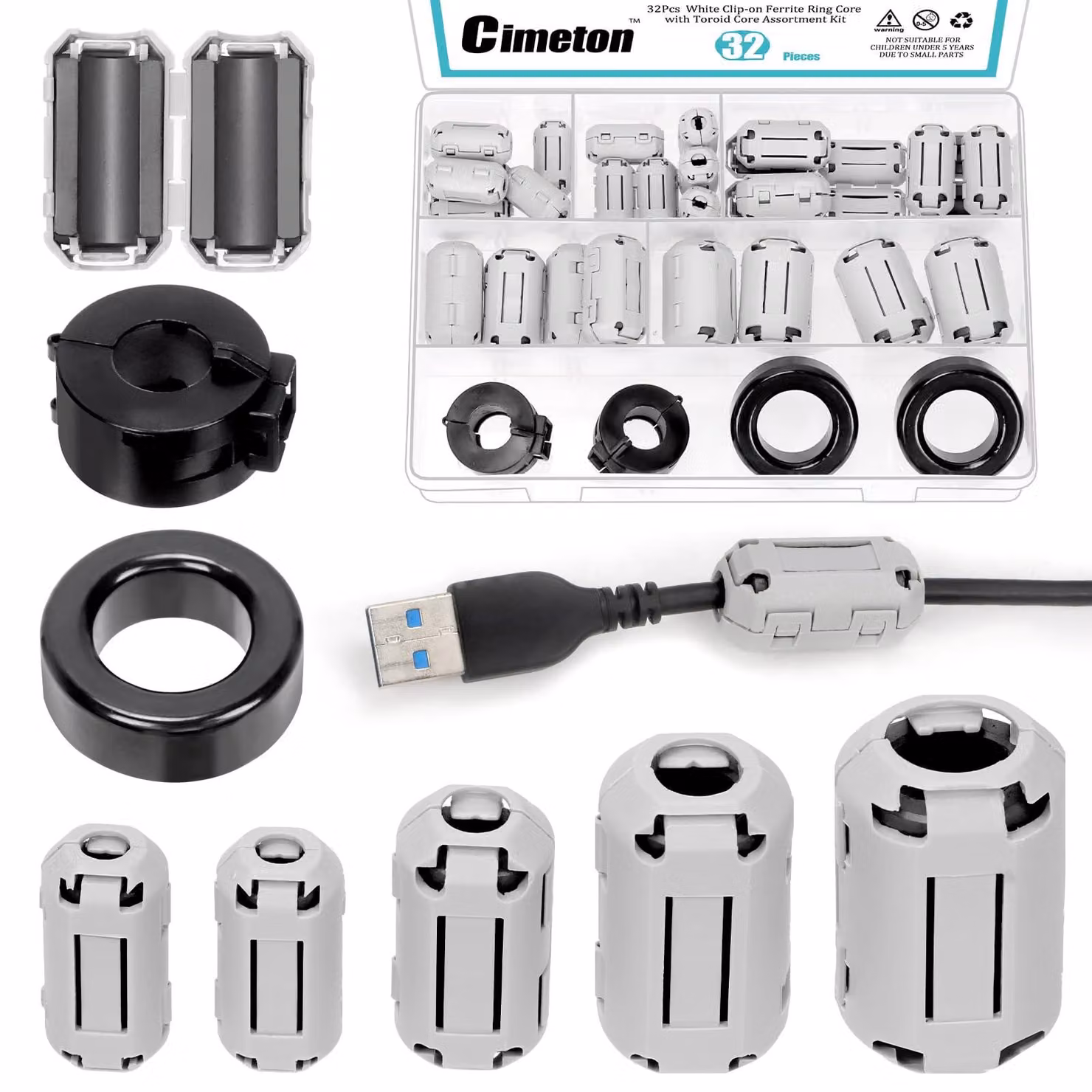 Set di nuclei ferromagnetici, 31 pezzi, 5 dimensioni, da fissare, 3,5–13 mm