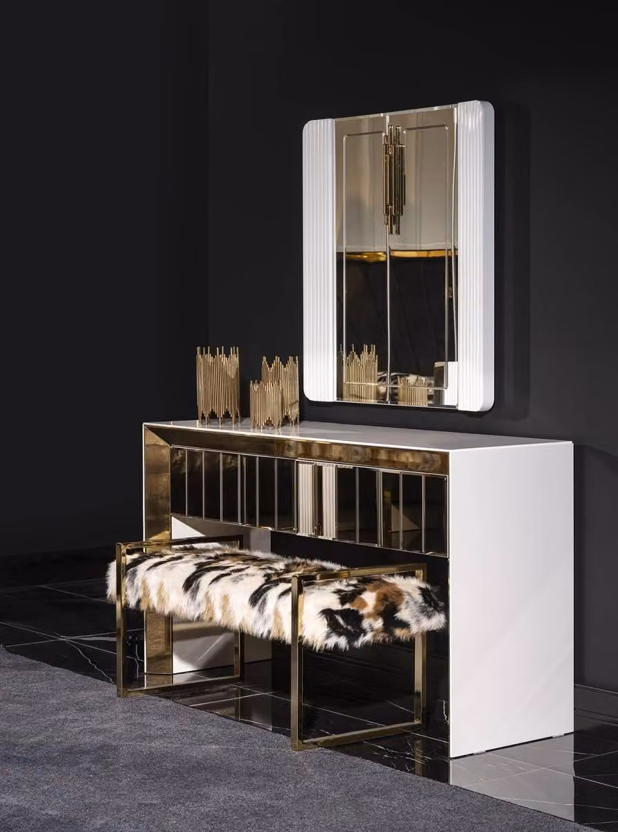 Weißer Holz-Schminktisch mit Spiegel, elegantes modernes Design