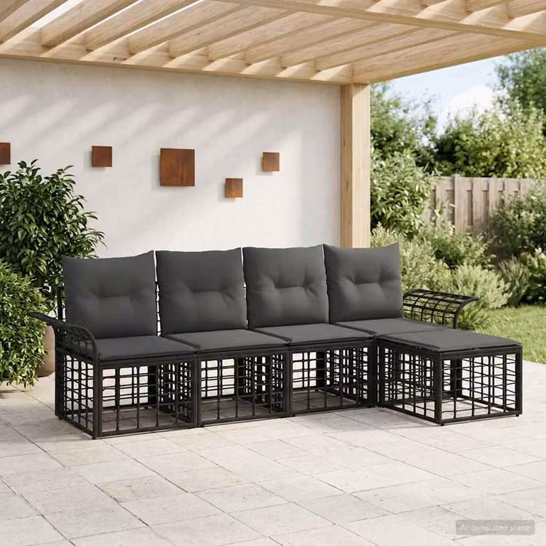 Set di divani da esterno vidaXL 5 pezzi con cuscini, composizione a L con divano a 3 posti, elemento angolare e pouf, colore antracite e grigio, struttura in acciaio verniciato a polvere e tessuto in poliestere resistente ai raggi UV