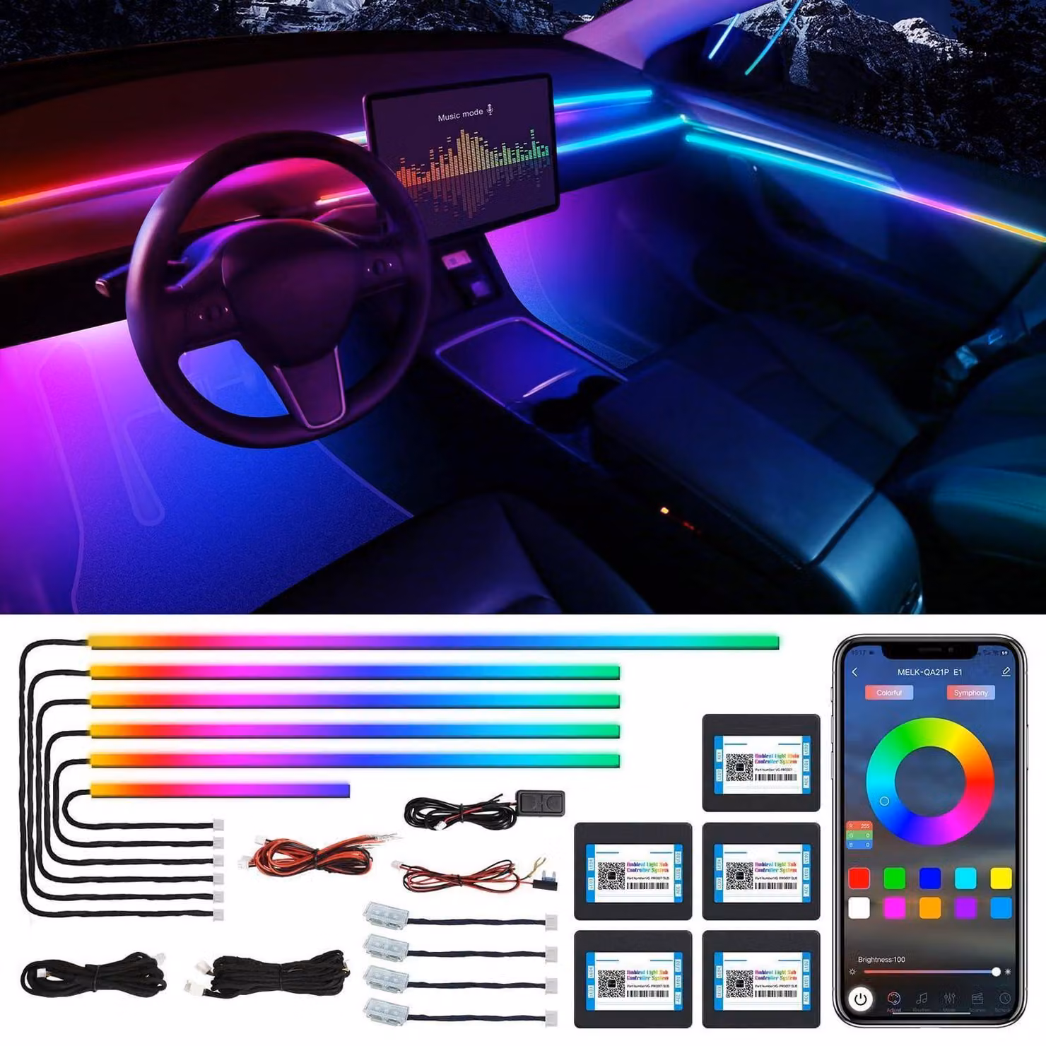 Illuminazione interna per auto a LED, tecnologia RGB, controllo tramite app, 600 LED, lunghezza di 4,45 metri, sistema a due zone, sensore musicale
