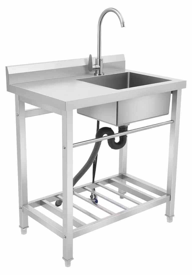 Lavello indipendente - Vasca singola in acciaio inossidabile - Piano di appoggio - Miscelatore girevole a 360° - Adatto per cucina, ristorante, garage - Argento