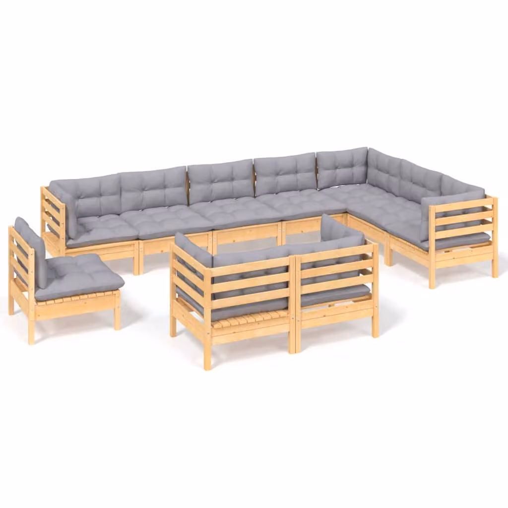Set Divani da Giardino 10 pz con Cuscini Grigi Massello di Pino