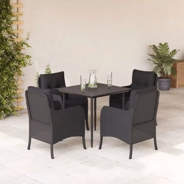Set da Pranzo da Giardino 5 pz Nero con Cuscini in Polyrattan 3211921