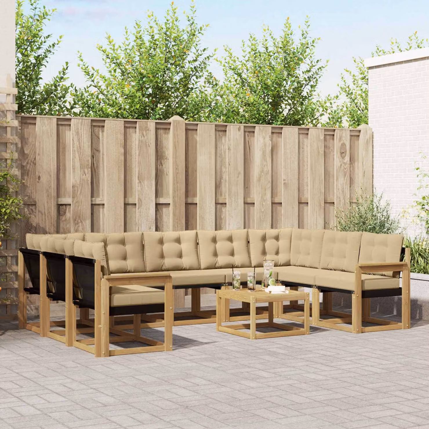 vidaXL Set di divani da esterno componibile 10 pezzi in legno di acacia con cuscini bianchi e beige