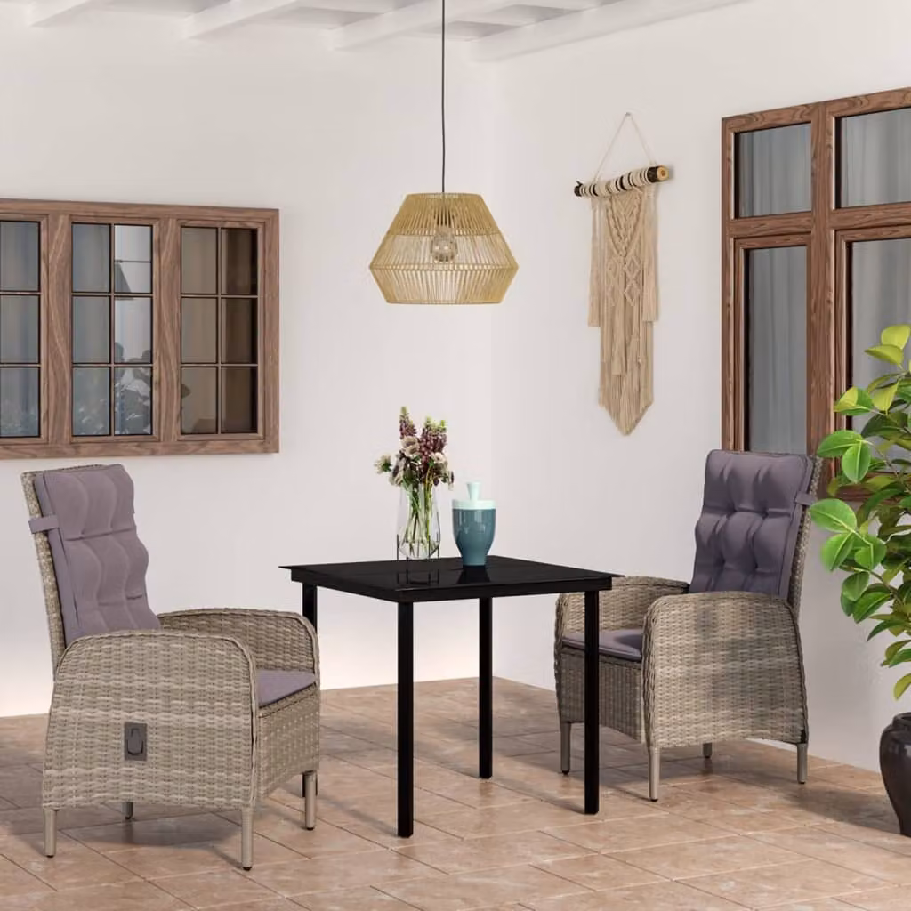 The Living Store Set da pranzo da giardino a 3 pezzi con cuscini grigi e neri