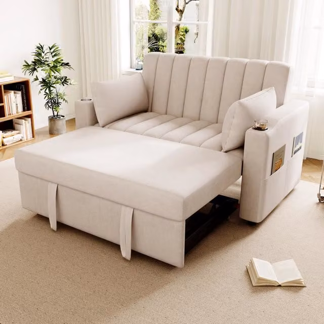 Divano letto multifunzionale a 2 posti WISHDOR con schienale reclinabile, portabicchieri e 2 cuscini, beige, L: 162 cm, P: 84 cm, H: 136 cm