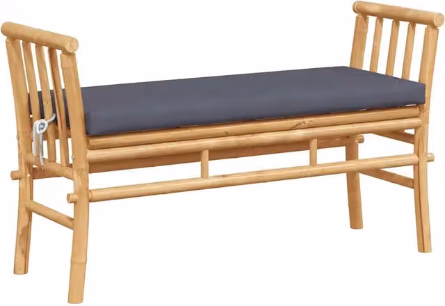 Panchina da giardino in bambù con cuscini marroni e grigi L: 110 cm, P: 38 cm, H: 65 cm