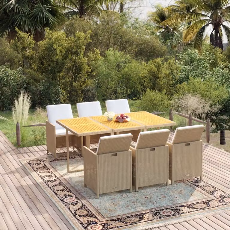 The Living Store Set da pranzo da giardino 7 pezzi con cuscini in poly rattan beige