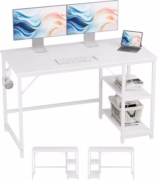 Scrivania regolabile in altezza Ibenzoa® con spazio contenitivo: piano in HDF rivestito in melamina, dimensioni 160 x 75 cm, 80 cm di scaffali, gambe cromate, 2 ganci per cuffie