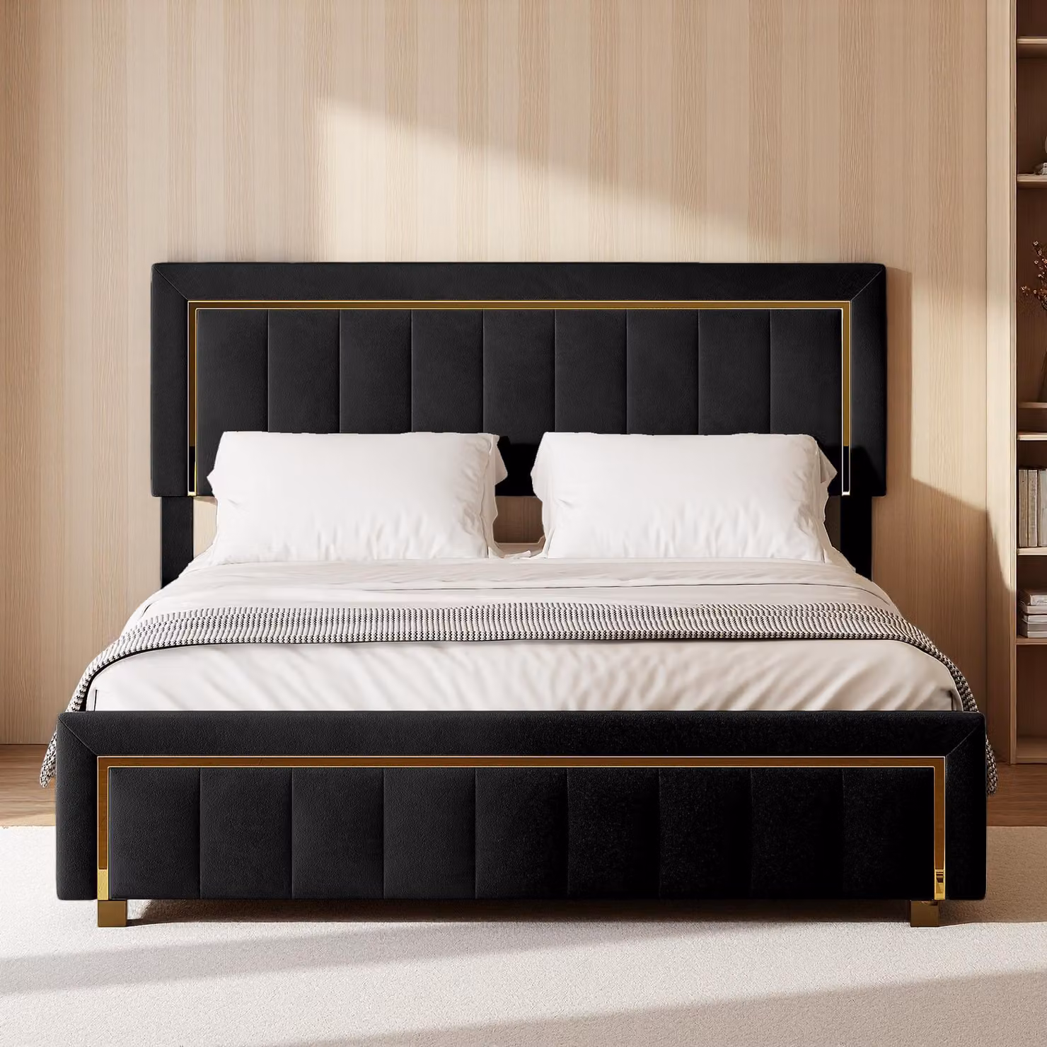 Letto imbottito INONEFT 160x200 con spazio contenitore, letto matrimoniale con cassone a sollevamento idraulico e poggiatesta regolabile, letto per ragazzi, in velluto, senza materasso, colore nero