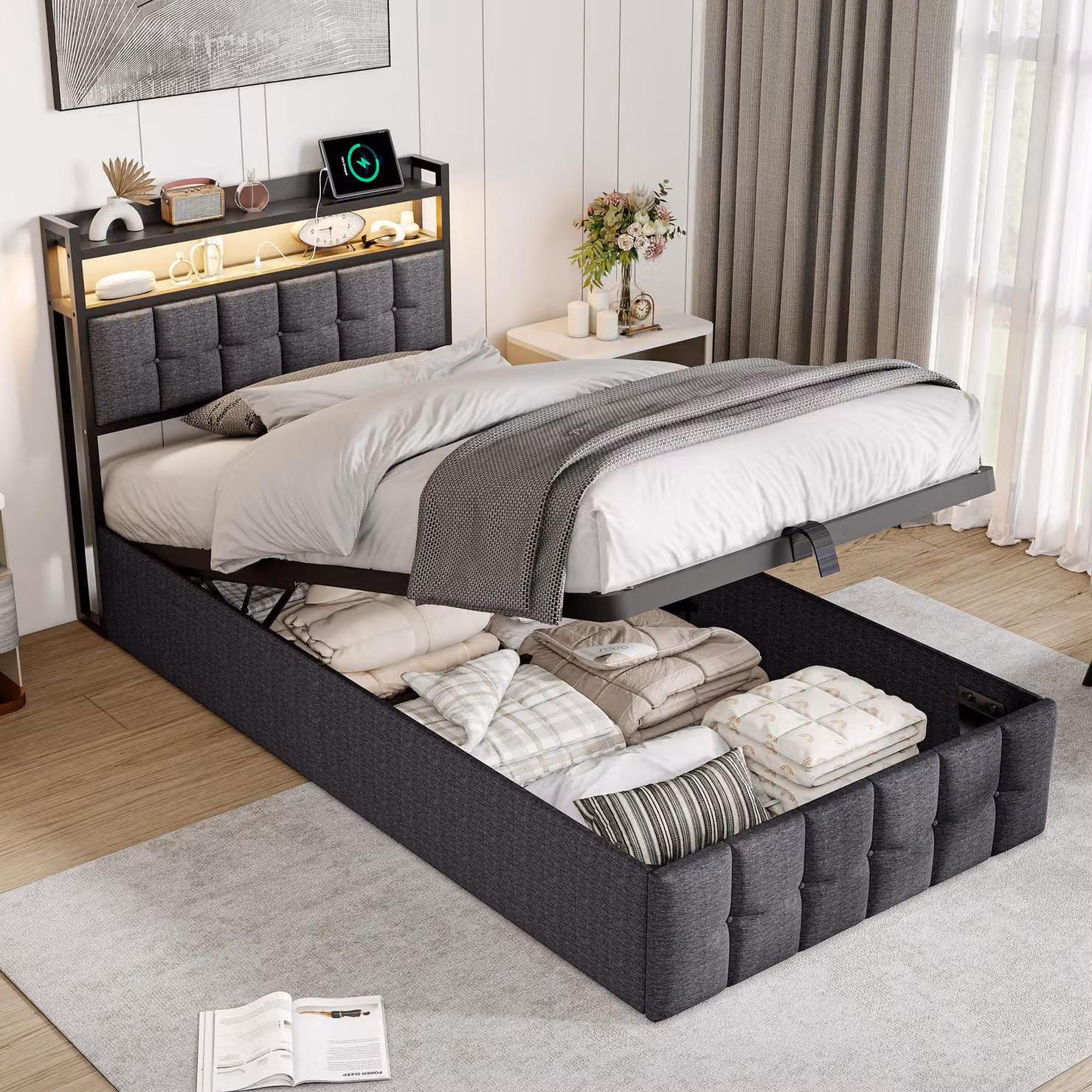 Letto imbottito 90x200 cm con contenitore, illuminazione LED, testiera con spazio contenitivo, porte USB e Type-C, rivestito in tessuto effetto lino grigio