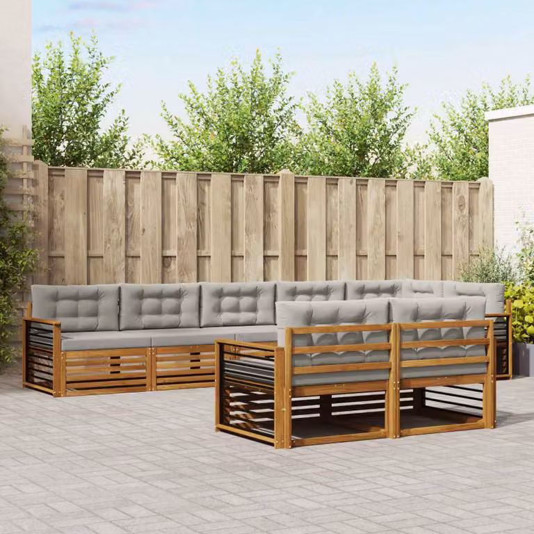 vidaXL Set di divani da esterno a L in legno di acacia con cuscini, 8 pezzi, Grigio e Marrone