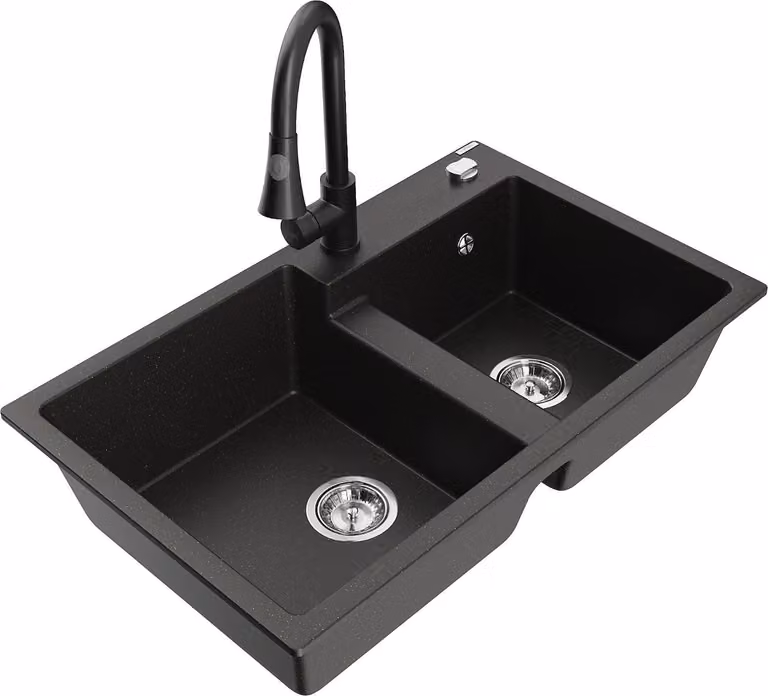 Mexen Tomas lavello in granito a 2 vasche con rubinetto da cucina Elia, nero/oro metallizato - 6516-75-670101-70
