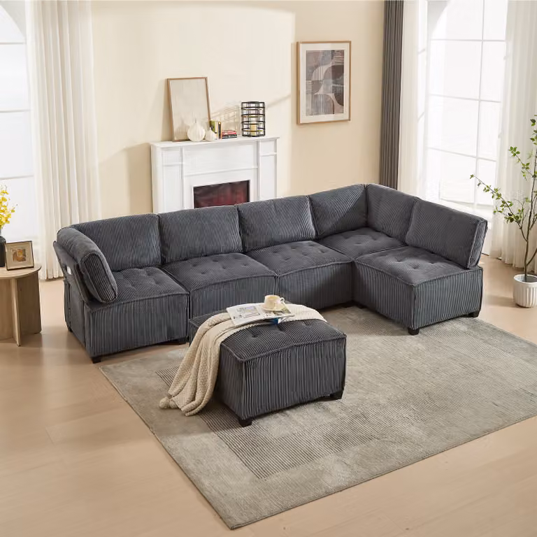 LVHOM Divano modulare a U 308 x 82 x 154 cm, 6 posti con funzione letto, divano angolare modulare in corda, divano trasformabile in schiuma, set di divani, grigio