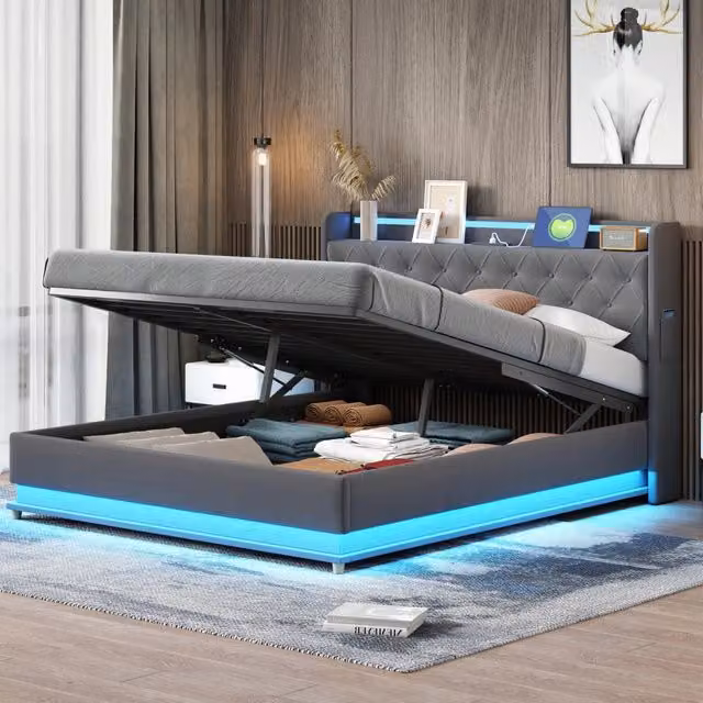 Letto matrimoniale imbottito 160 × 200 cm, LED multicolore, USB e contenitore idraulico, senza materasso, grigio