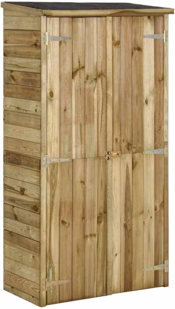 Capanno per attrezzi in legno di pino, 85x48x177 cm, di colore verde, trattato con impregnante, con tetto in feltro bituminoso, dotato di 3 ripiani per riporre attrezzi, biciclette, tosaerba, barbecue e altri oggetti