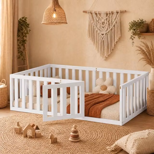 Letto singolo Mivray per bambini con recinto alto e porta apribile, colore bianco, L/P/H: 90 x 200 x 60 cm