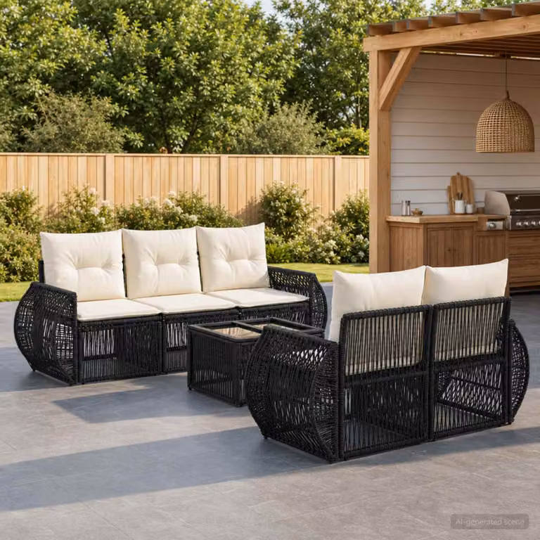 Set Divano da Giardino vidaXL 6 Pezzi a Forma di L in Polyrattan Nero con Tavolino e Cuscini Imbottiti