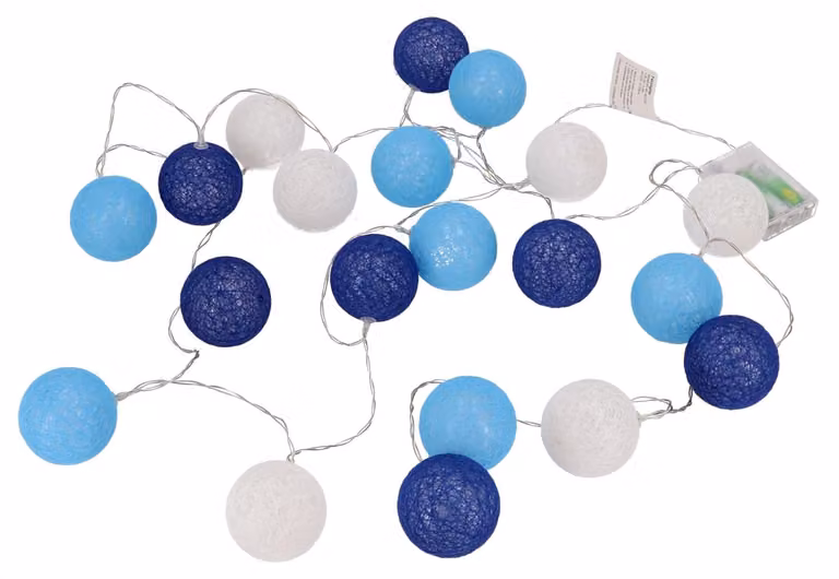 Catena luminosa a forma di palline di stoffa, LED, alimentazione 3 batterie AA, colore blu/bianco, lunghezza 3,15 metri