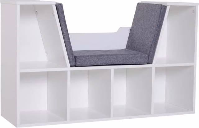 Libreria panca 2 in 1 XYLO con 6 scomparti aperti e cuscini per seduta, finitura legno grigio e bianco, L 102 cm x P 30 cm x H 61 cm