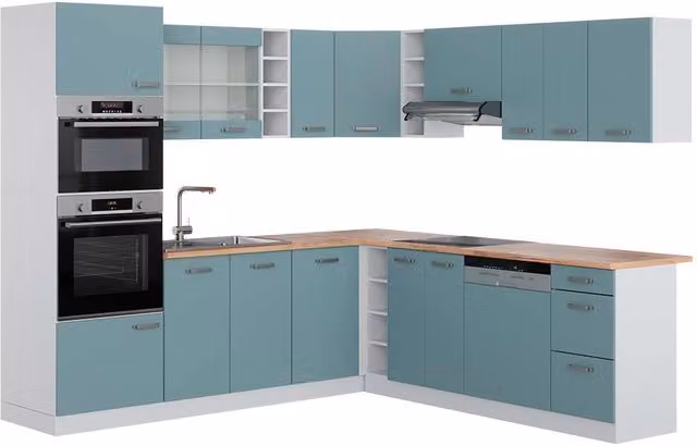 Cucina angolare moderna R-Line Vicco in legno e metallo, Grigio-blu/Bianco/Rovere, L: 247 cm, H: 206,8 cm, P: 60 cm