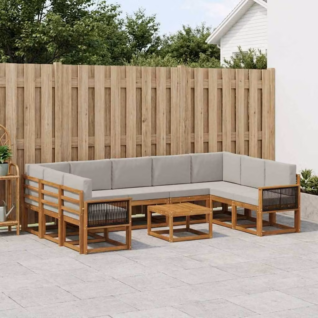 vidaXL Set di divani da esterno a forma di U in legno di acacia con cuscini, beige, grigio e marrone