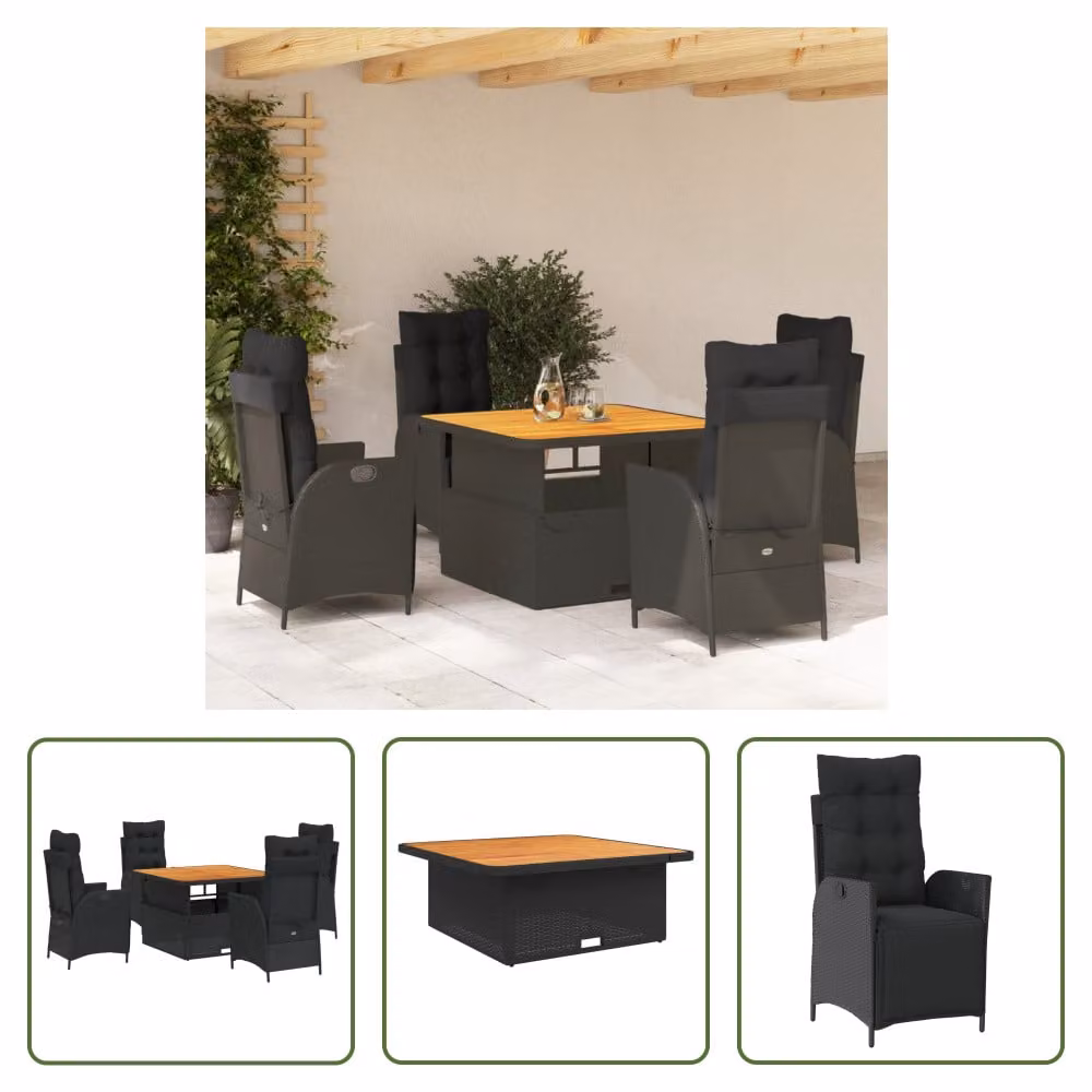 The Living Store Set da pranzo da giardino 5 pezzi con cuscini in poly rattan nero