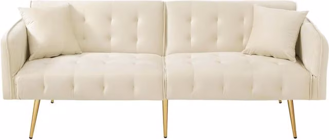 Divano-letto ZR Home a 2 posti in velluto beige con funzione letto e poggiatesta regolabile, L: 178 cm, P: 82 cm, H: 70 cm