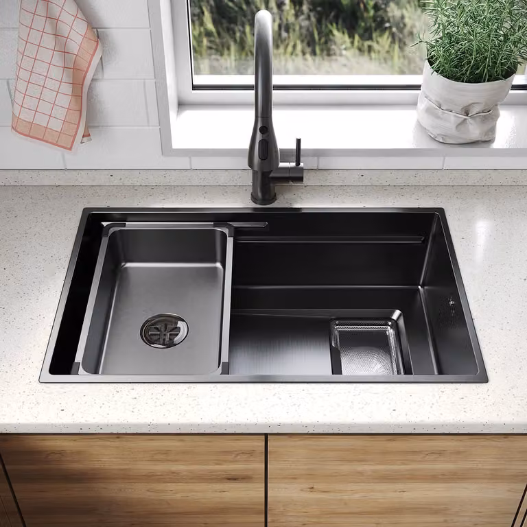 SONNI - Lavello quadrato a bordo sottile, 70 x 44 x 22,4 cm, nero, con griglia rettangolare, scarico e rubinetto