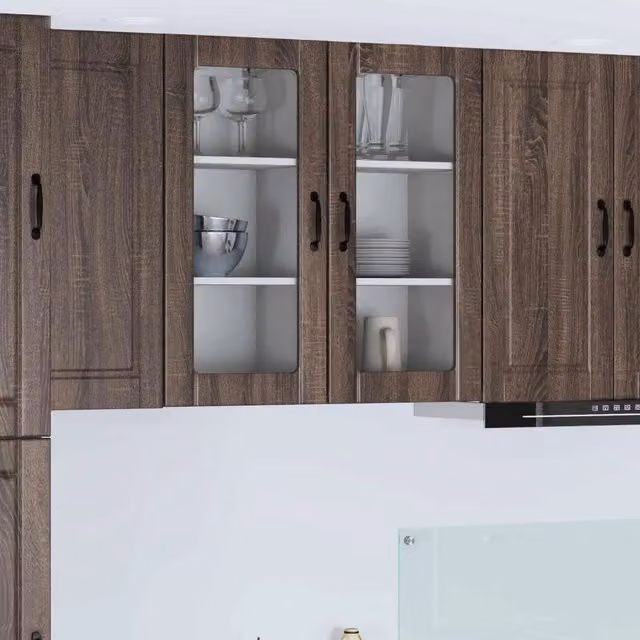 Set di 2 mobili a parete moderni vidaXL in legno e vetro marrone per cucina o soggiorno