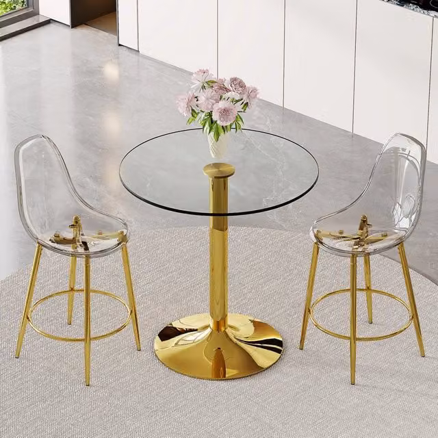 Tavolo con piano in vetro trasparente e 2 sgabelli, struttura in metallo dorato, per cucina e bar, diametro 89 cm