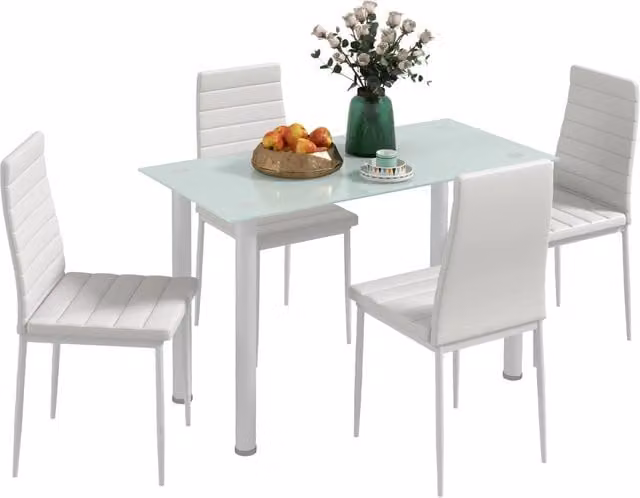 Tavolo da pranzo con 4 sedie ¨C Minimal ¨C Piano vetro temperato, gambe acciaio, bianco
