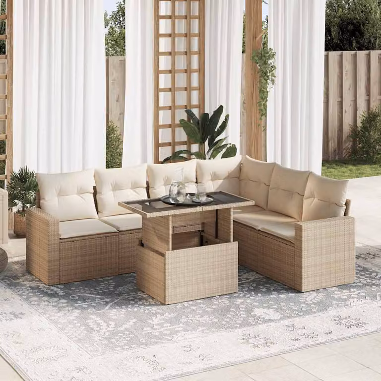 Set di divani da giardino vidaXL in polyrattan 7 pezzi con cuscini beige e tavolino da esterno in stile moderno