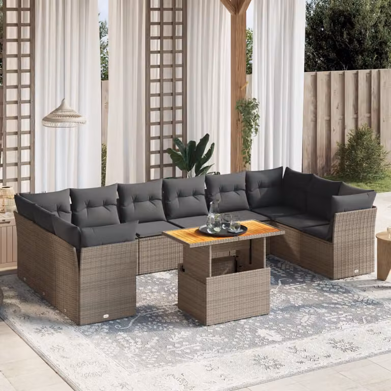 vidaXL Set Divani da Giardino 11 pz con Cuscini in Polyrattan e Acciaio Grigio