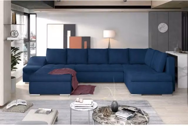 Divano panoramico a U MEUBLORAMA blu con angolo sinistro, funzione letto e poggiatesta regolabile, struttura in metallo e rivestimento in tessuto, L: 351 cm, P: 190 cm, H: 82 cm – 1