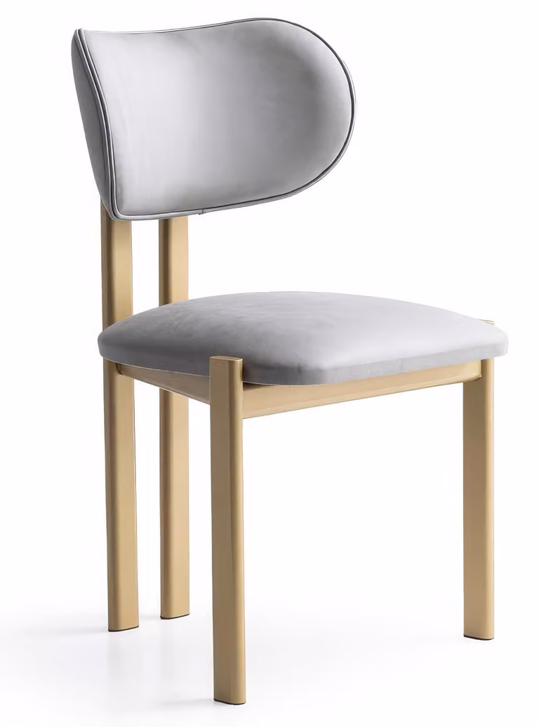 Sedia moderna, grigia e dorata, imbottita, ideale per la sala da pranzo, design