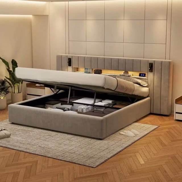 Letto matrimoniale REDOM in velluto grigio con contenitore a sollevamento, porte USB, illuminazione LED e mensola integrata, L/P: 180 x 200 cm