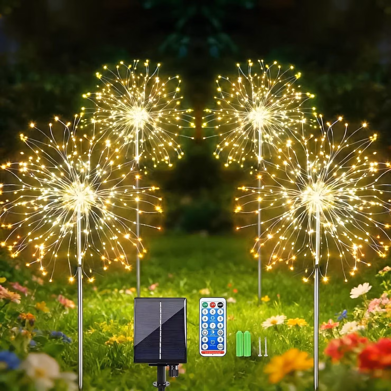 4 lampade solari, 120 LED, 1200 mAh, timer, grado di protezione IP65, luce bianco caldo