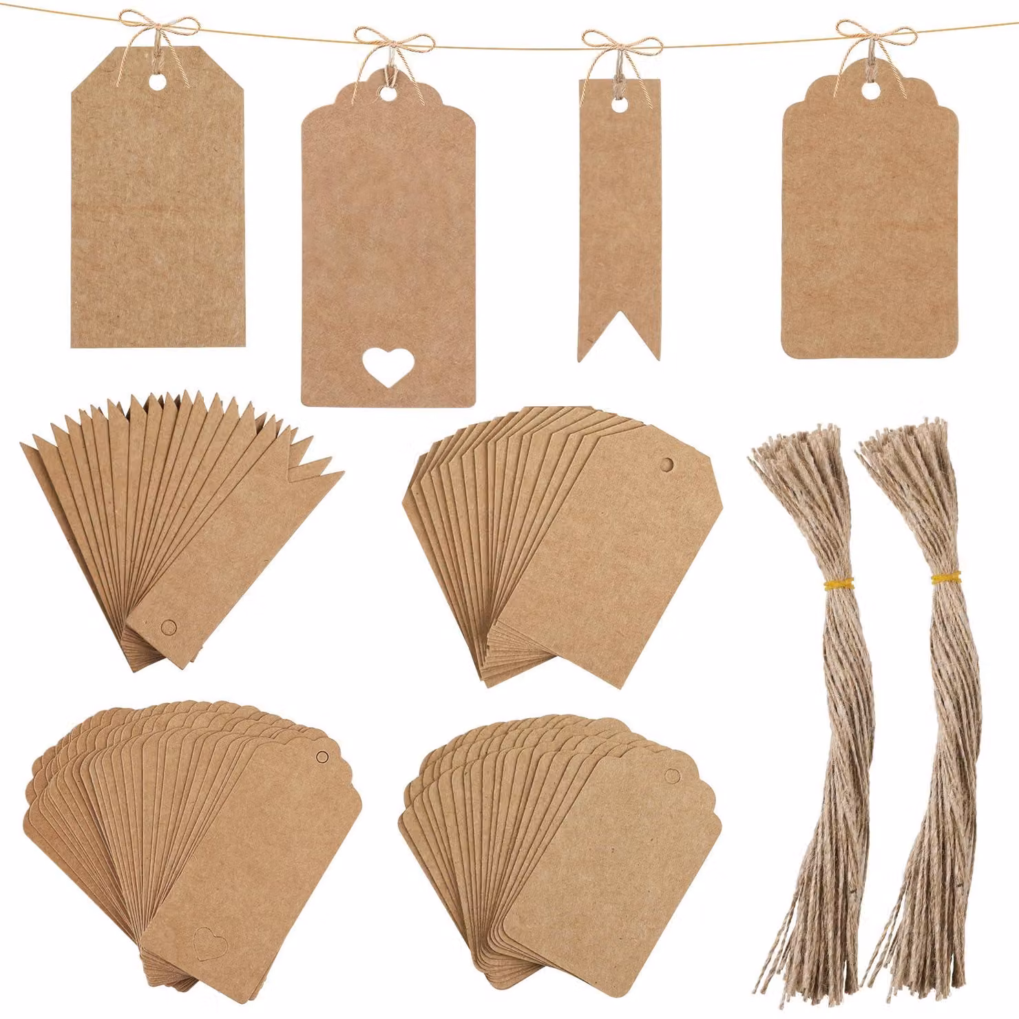 120 etichette regalo in carta kraft con corda di iuta, 4 forme, ideali per progetti fai-da-te