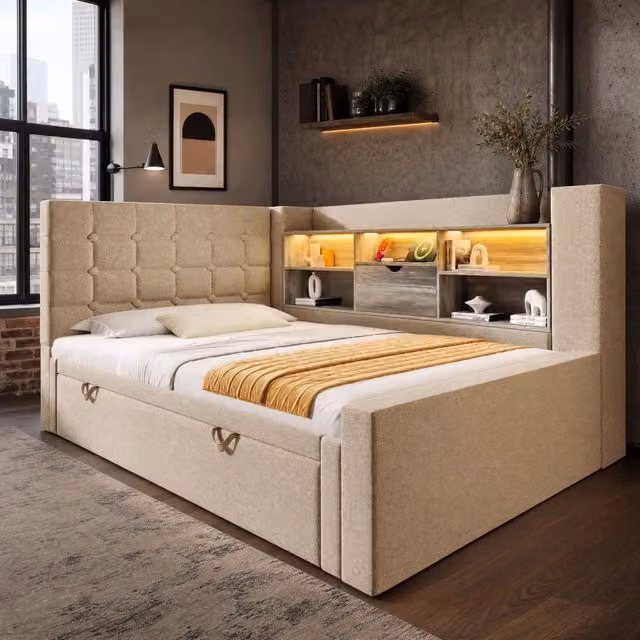 Letto imbottito 90x200 cm con letto estraibile; LED e porte USB; beige