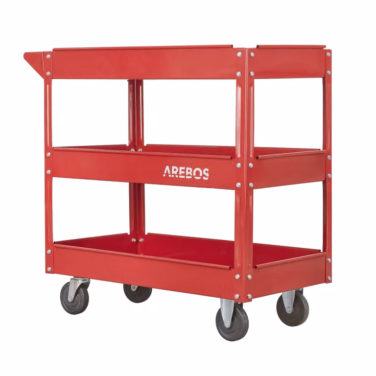 Carrello da officina AREBOS rosso | 3 scomparti | fino a 100 kg | con rotelle e maniglia