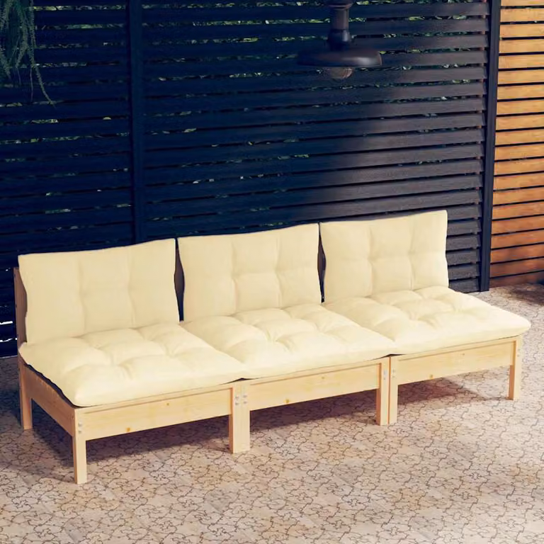 vidaXL Divano da Giardino a 3 Posti in Legno Massello di Pino con Cuscini Beige