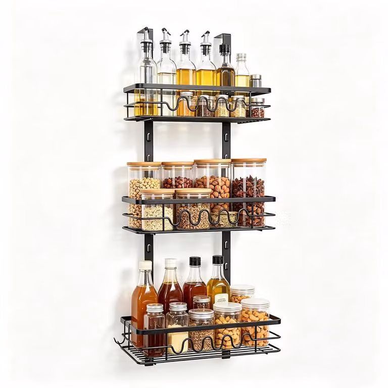 Scaffale porta spezie a 3 ripiani, in metallo nero, da appendere, organizer per porte, dimensioni 79x32x15,5 cm